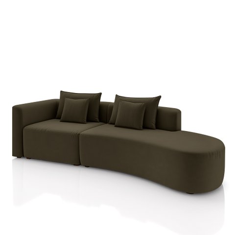 Sofá Curvo Decorativo Kimiko 327cm 4 Lugares Sala de Estar com Chaise Veludo Marrom G52 - Gran Belo