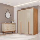 Ver imagem 1 de Conjunto Guarda-Roupa 4 Portas 3 Gavetas Cômoda 8 Gavetas com Tampo MDF Lizz Off White/Cedro