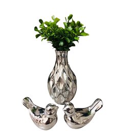 Kit Enfeite Para Rack Vasinho Passarinhos Planta Decoração Prata - 1