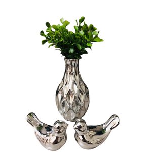 Kit Enfeite Para Rack Vasinho Passarinhos Planta Decoração Prata