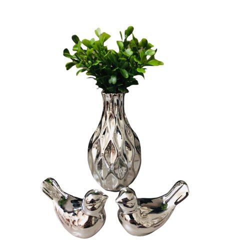 Kit Enfeite Para Rack Vasinho Passarinhos Planta Decoração Prata