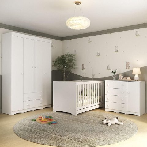 Quarto de Bebê Completo com Berço Americano 3 em 1 Realeza Multimóveis Mp4583 Branco