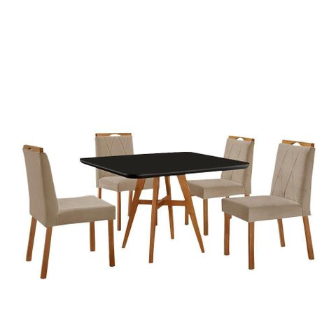 Conjunto Sala de Jantar Mesa Atenas 90x90cm Preto com 4 Cadeiras Bela Veludo Bege