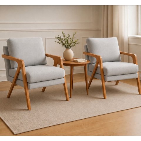 Kit 2 Poltronas Decorativa Mona Luxo Linho Cinza Claro e Base Madeira Maciça