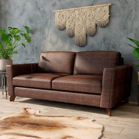 Sofá Sala de Estar Living 3 Lugares 260cm Presley Pés Madeira Couro Marrom Manchado G52 - Gran