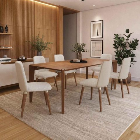 Conjunto de Jantar Mesa Harmony 6 Cadeiras Giratórias Dakota - Bouclé 03 Bege c/ PU Off White