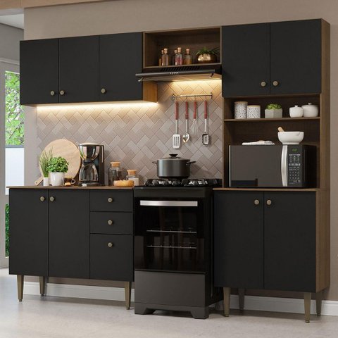Armário de Cozinha Compacta 235cm Rustic/preto Gourmet Madesa 01 Rustic/preto