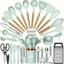 Ver imagem 1 de Kit 44 Utenslios de Cozinha Silicone e Madeira Antiaderente Verde