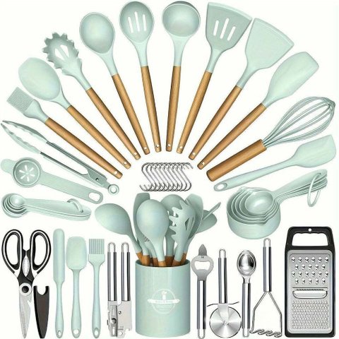Kit 44 Utenslios de Cozinha Silicone e Madeira Antiaderente Verde