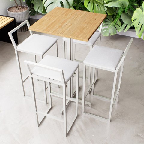 Conjunto Mesa Alta Bar Bistrô Quadrada Pinus 4 Banquetas Confort Estofado White Don Castro
