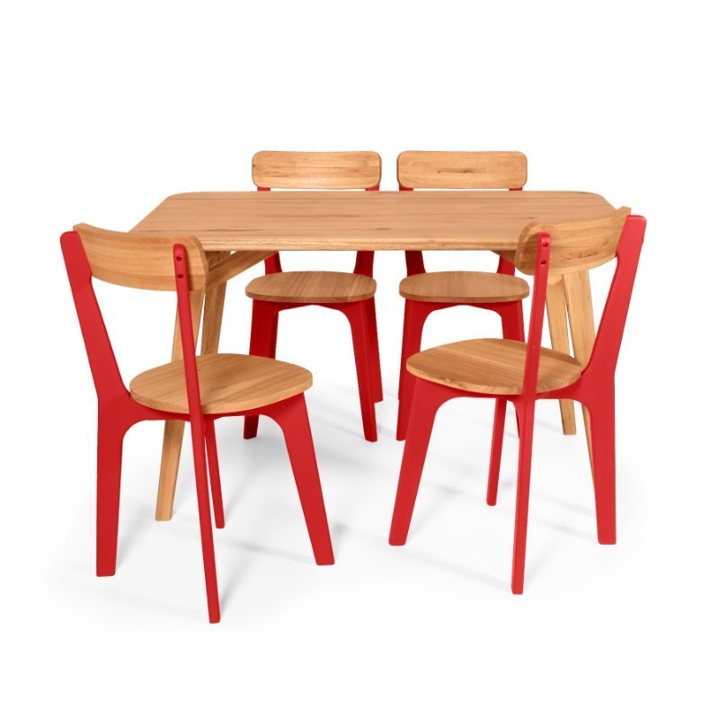 Conjunto de Jantar Mesa Retangular com 4 Cadeiras em Madeira Natural - Preto e Vermelho Vermelho