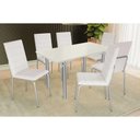 Ver imagem 1 de Conjunto: Mesa Sala Jantar Elba Tampo Madeirado C/ Vidro 160cm e 6 Cadeiras Amsterdã Cromada/off