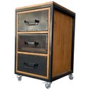 Ver imagem 1 de Mesa de Cabeceira Gaveteiro Modelo Cubo Industrial - Ferro e Madeira - com 3 Gavetas e 4 Rodízios