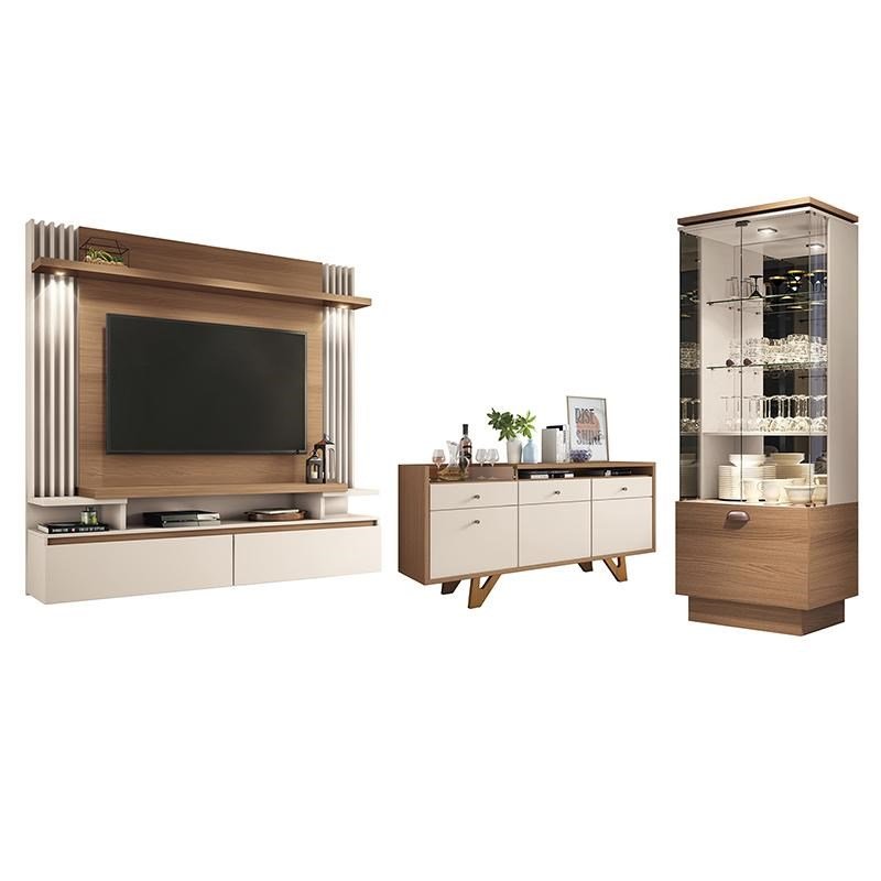 Sala de Estar Brandon com Home Suspenso, Buffet Aparador e Cristaleira Nature/Off White - PR Móveis