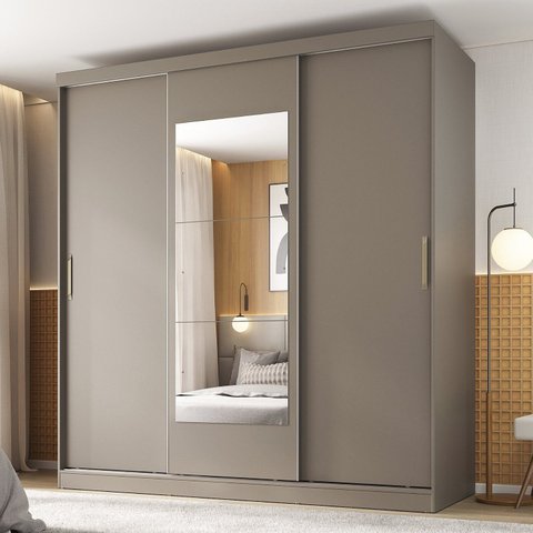 Guarda-Roupa 3 Portas com Espelho Araçá CabeCasa MadeiraOriginals Cinza/Fendi