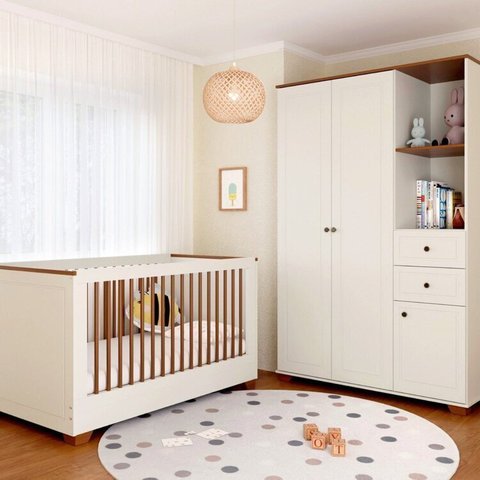 Quarto de Bebê com Berço, Colchão e Guarda-Roupa Baby Ananda Casatema MadeiraOriginals Bege/Offwhite
