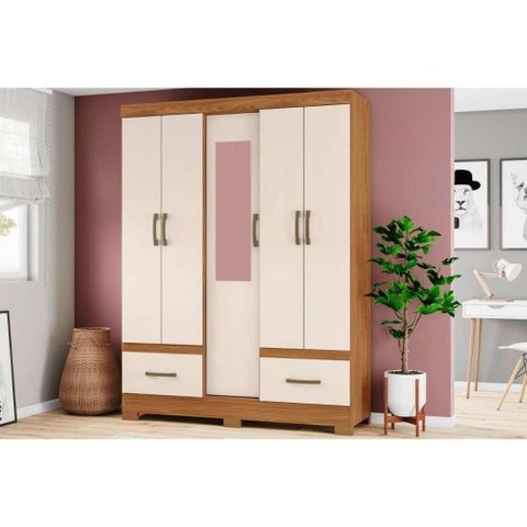 Guarda Roupa Casal 5 Portas (1 C- Espelho) e 2 Gavetas Briz B60 Nature-off White - Henn