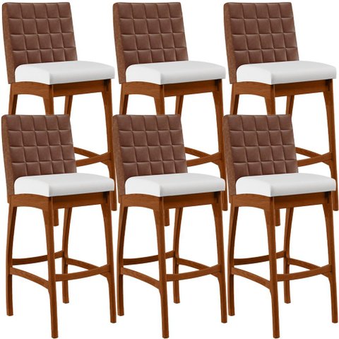 Kit 6 Banquetas Altas Cozinha Sala Jantar Fixa Mila B04 Couríssimo Marrom Corano Branco - Lyam