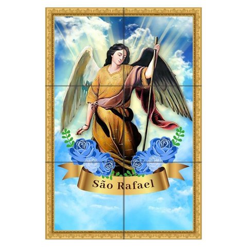 Quadro São Rafael Arcanjo com Cajado 60x40 em Azulejos