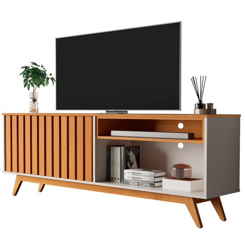 Rack para Sala Duas Portas Duas Prateleiras Pés em Madeira Buriti Ripado - Via Nossa:off White/natur