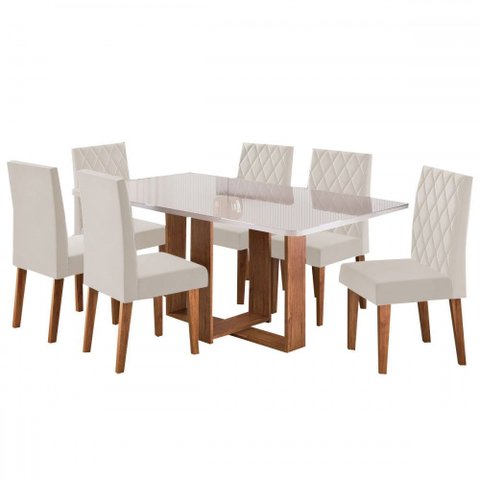 Mesa de Jantar 6 Lugares Afrodite com Vidro Mel/off White/veludo Pastel - Viero Móveis