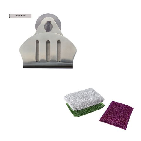 Porta Esponja de Inox Ventosa Concha e 3 Esponjas Anti Risco Utensilios do Chef