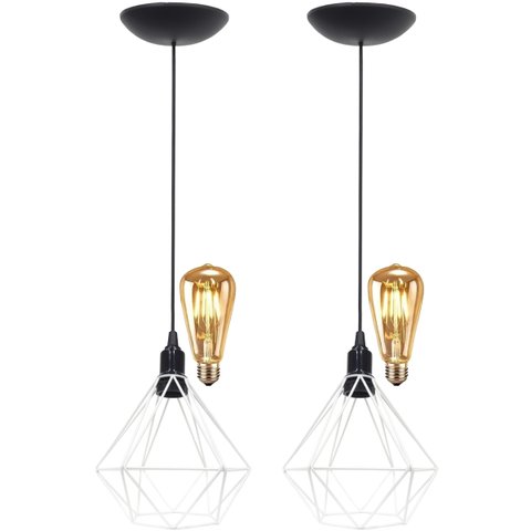 2 Pendentes Aramado Diamante Teto Luminária Retrô Balcão Agp Branco + 2 Lâmpadas Led ST64 Vintage Ag