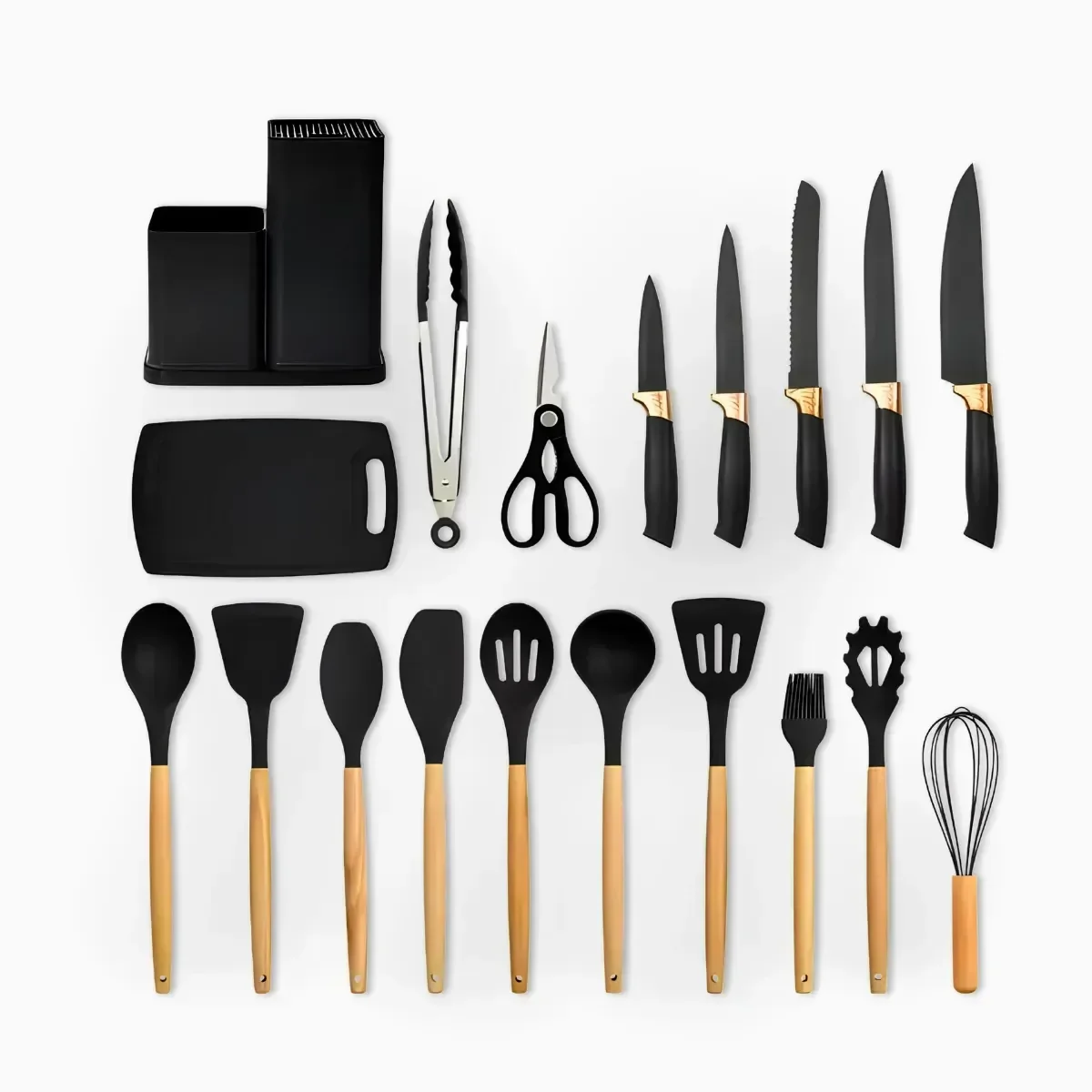 Kit 19 Pçs Utensílios de Silicone + Jogo de Facas Profissionais Antiaderente Alta Temperatura Preto