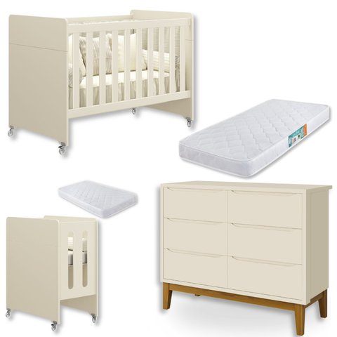 Quarto de Bebê Berço Evolution + Cômoda 6 Gvts + 02 Colchões Areia