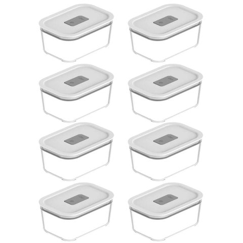 8 Potes de Vidro Hermético 725ml Fresh Lock Branco Fechado 17x7,5 Marmita Comida ou