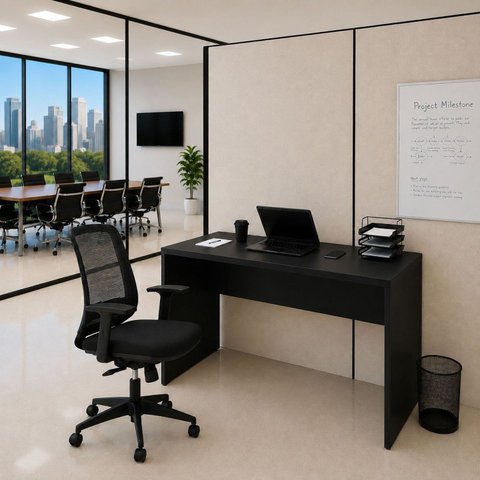 Conjunto Mesa de Escritório 120x60cm Cadeira Ergonômica Reclinável Sistema Syncron Pistão Classe 4