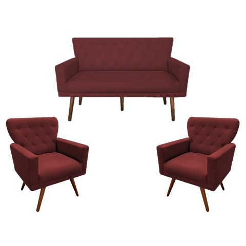 Kit Namoradeira + 2 Poltronas Decorativa Aurora Suede Marsala Pés Madeira Mz Decor