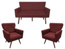 Ver imagem 1 de Kit Namoradeira + 2 Poltronas Decorativa Aurora Suede Marsala Pés Madeira Mz Decor