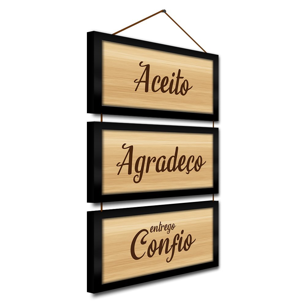 Kit Quadros Decorativos e Corda 3pçs 17x32 Agradeço e Confio - Moldura Preta