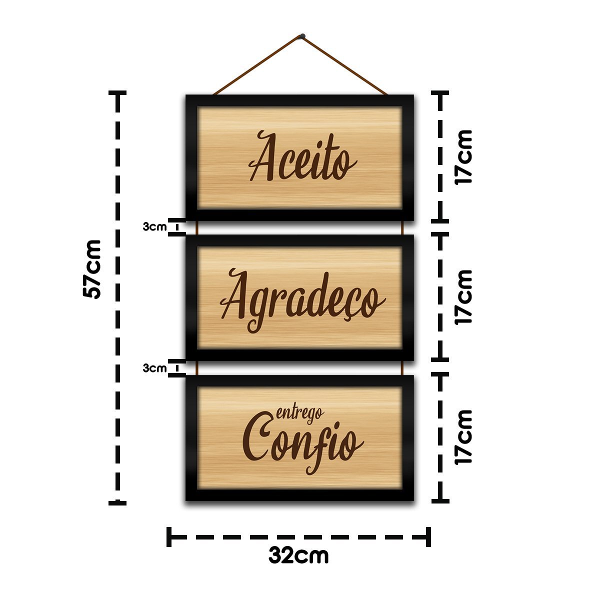 Kit Quadros Decorativos e Corda 3pçs 17x32 Agradeço e Confio - Moldura Preta - 3