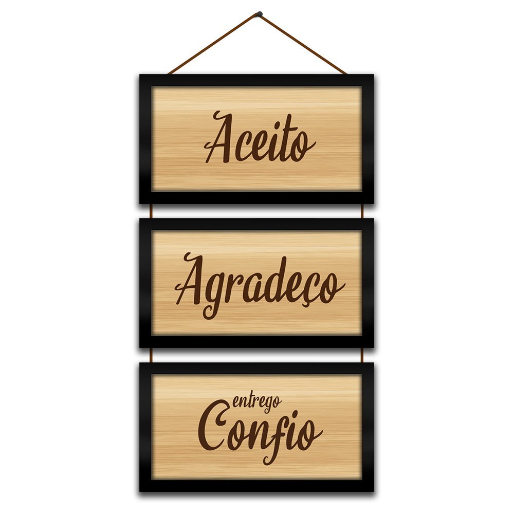 Kit Quadros Decorativos e Corda 3pçs 17x32 Agradeço e Confio - Moldura Preta - 2