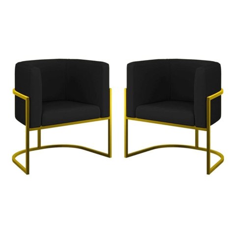 Kit 2 Poltronas Decorativa Luxo Base de Metal Dourada Escritório Recepção Sala Suede Preto Eli Móvei
