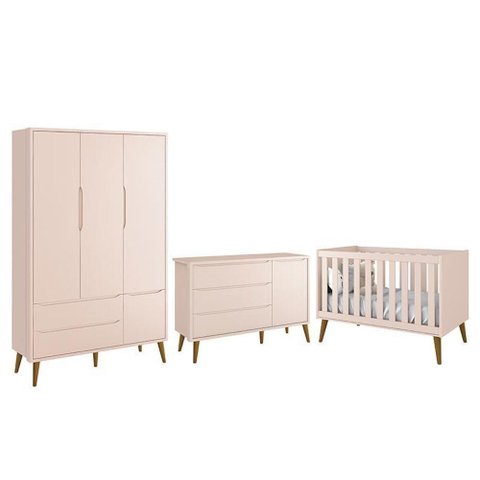 Dormitório Infantil Theo Retrô 3 Portas Cômoda 1 Porta e Berço Rosa Fosco com Pés Amadeirado