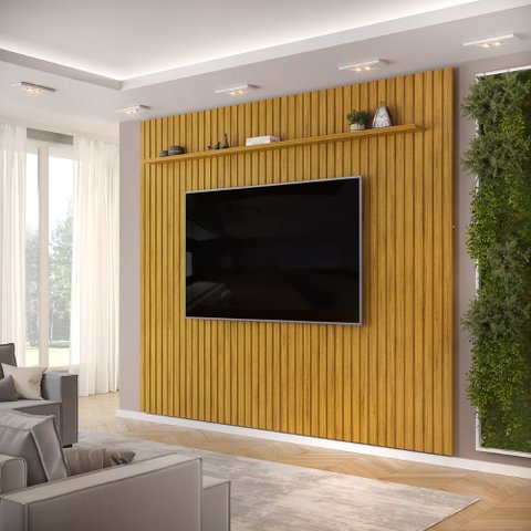 Painel Ripado para TV 75 Polegadas Trento 275cm para Sala de Estar Cedro DJ Móveis