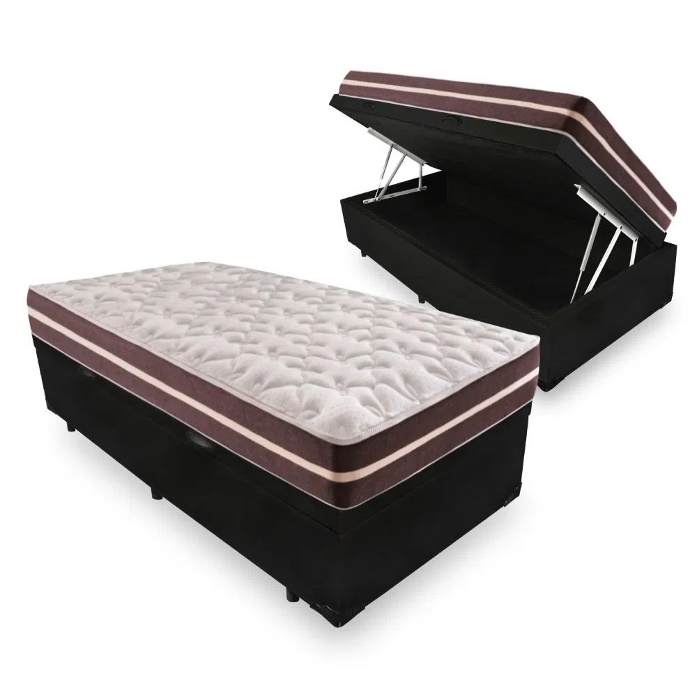 Cama Box Baú Solteiro + Colchão de Molas - Anjos - Classic Superlastic 88x188x64cm:preto