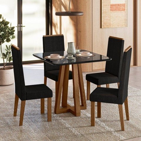 Conjunto Sala de Jantar Mesa 4 Cadeiras Madeira Maciça MDF e Vidro Livia Preto