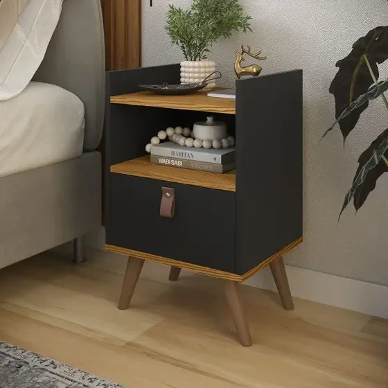 Mesa de Cabeceira Flow Retrô - Preto com Freijó - 4