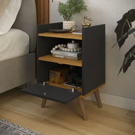 Ver imagem 2 de Mesa de Cabeceira Flow Retrô - Preto com Freijó