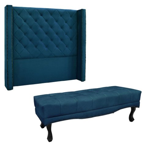 Kit Cabeceira e Calçadeira Recamier Solteiro 0,90m Vicenza Veludo Azul Marinho - Pallazio