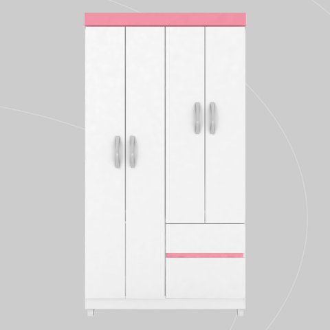 Guarda Roupa Solteiro 4 Portas e 2 Gavetas Lótus- Branco/rosa/branco