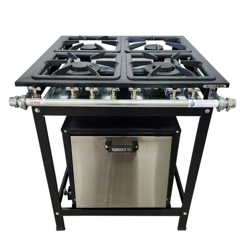 Fogão Baixa Pressão 4 Bocas Alcazon com Forno 75 Litros Tampa Inox Acz-004+aczf-003