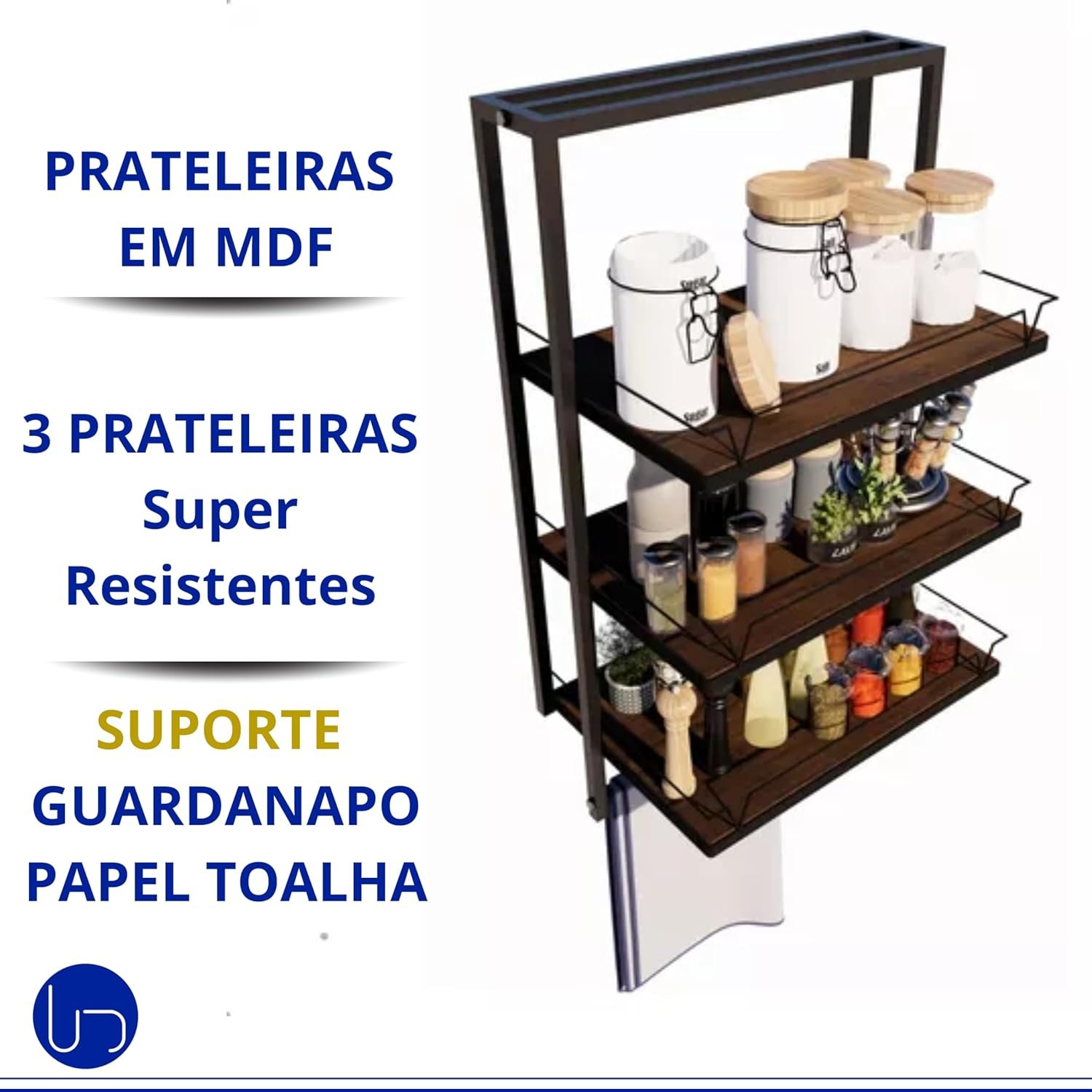 Prateleira Porta Temperos Parede Cozinha Organização Design Sofisticado Preto Fosco Aço Alta Durabil - 3