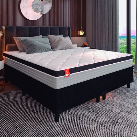 Cama Box Casal Queen Colchão Molas Ensacadas Real 158x198x65cm Preto/cinza