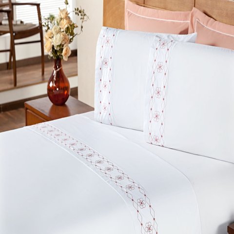 Jogo de Cama King 200 Fios Damasco Branco e Salmão Enxovais Aquarela 4 Peças