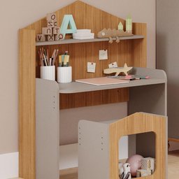 Escrivaninha Infantil Casinha com Regulagem de Altura e Banco - Fendi/Natural - 5